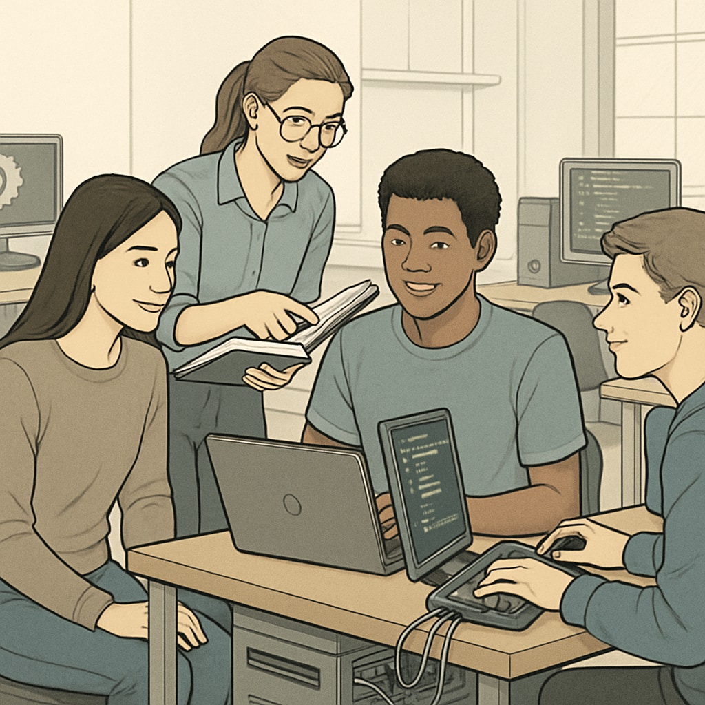 Students collaborating on an IT project in a university lab.