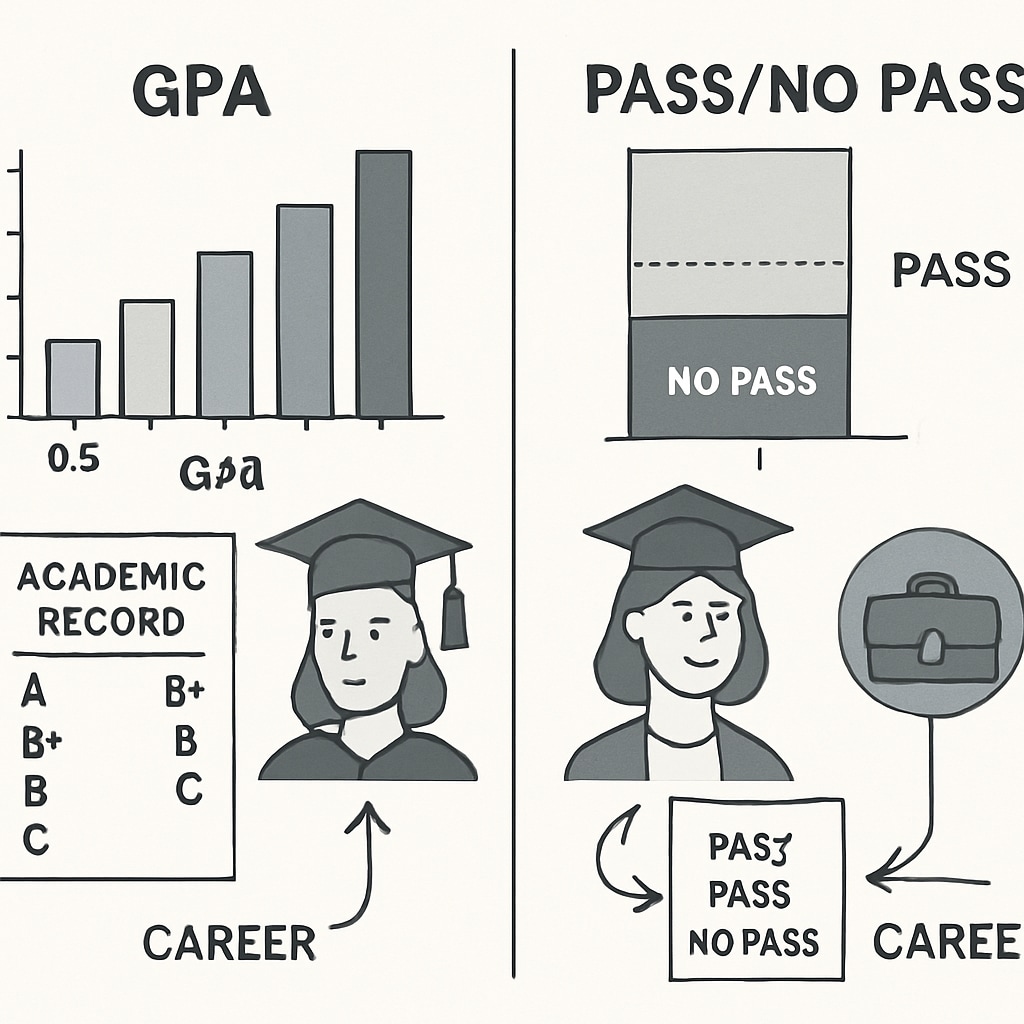 A visual comparison of GPA and P/NP grading systems, showing how each impacts students' academic records and career paths. GPA and P/NP grading system comparison chart highlighting career impact.