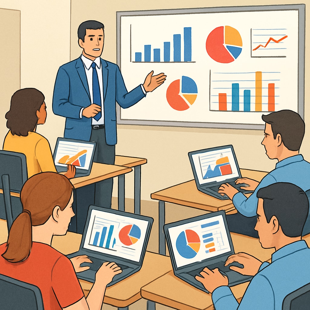 Students using technology to analyze business data in an interactive classroom.