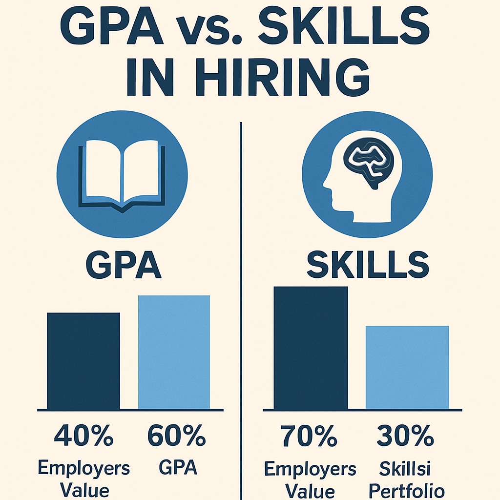 Infographic illustrating how employers value GPA versus skills or portfolios in hiring processes. Infographic on employer preferences for GPA and skill-based evaluations.