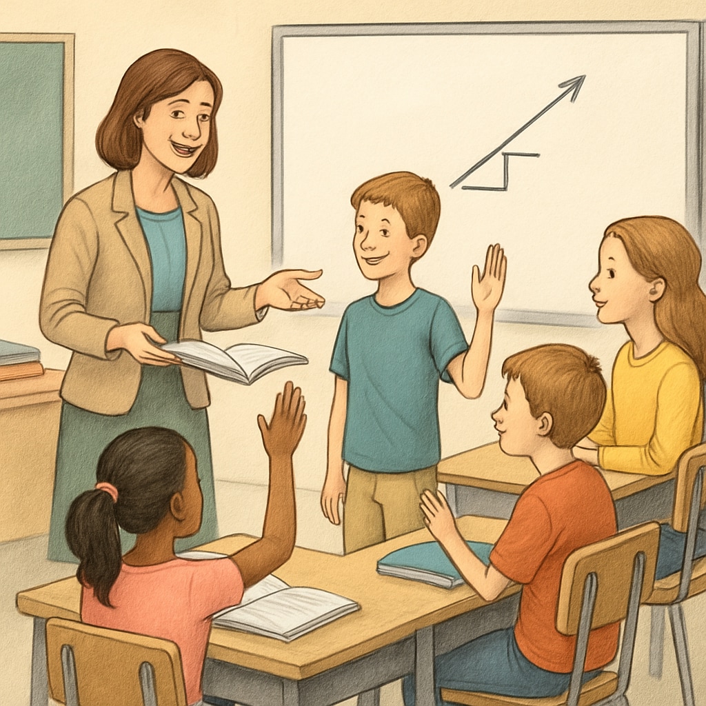 Students of different grade levels in a classroom discussing with their teacher.