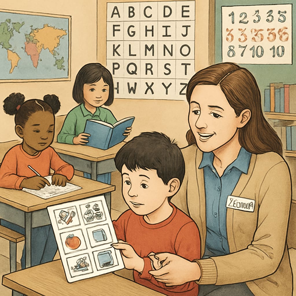 Teaching assistant engaging with students on the autism spectrum in a classroom setting.