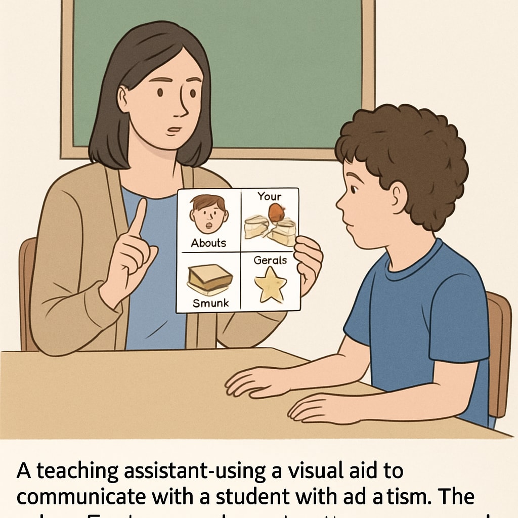 Teaching assistant using visual aids to interact with a student with autism in a structured learning environment.