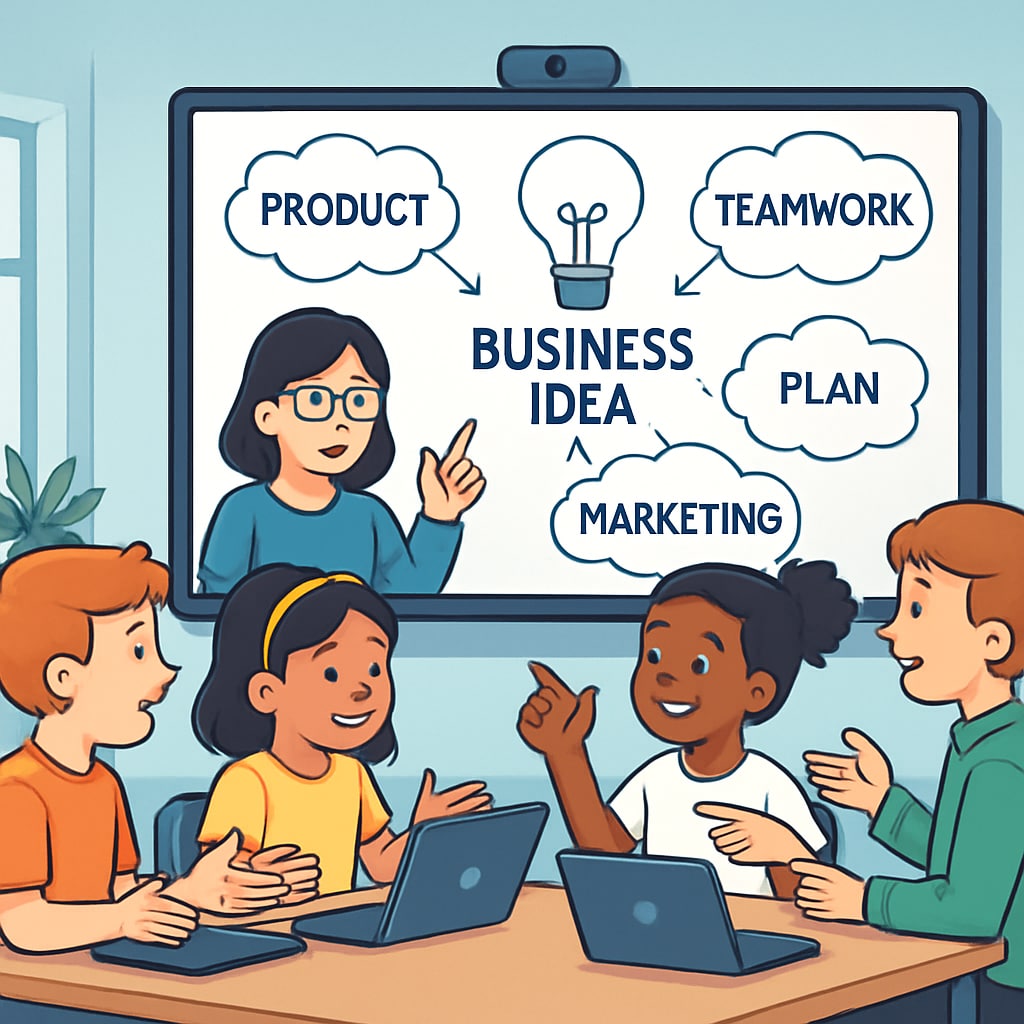 Kids collaborating in a virtual business education session.
