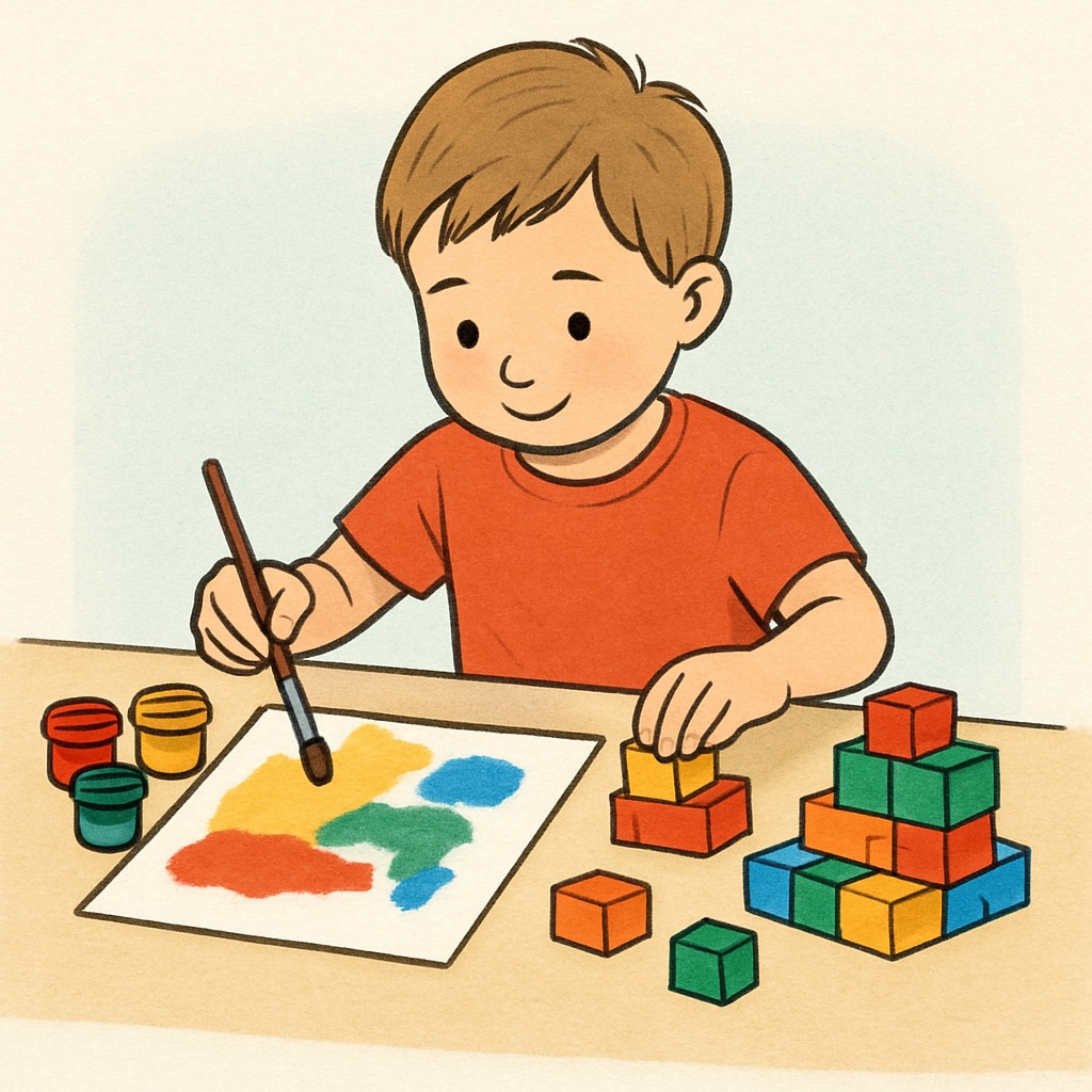A creative four-year-old painting or building blocks, symbolizing tailored education.