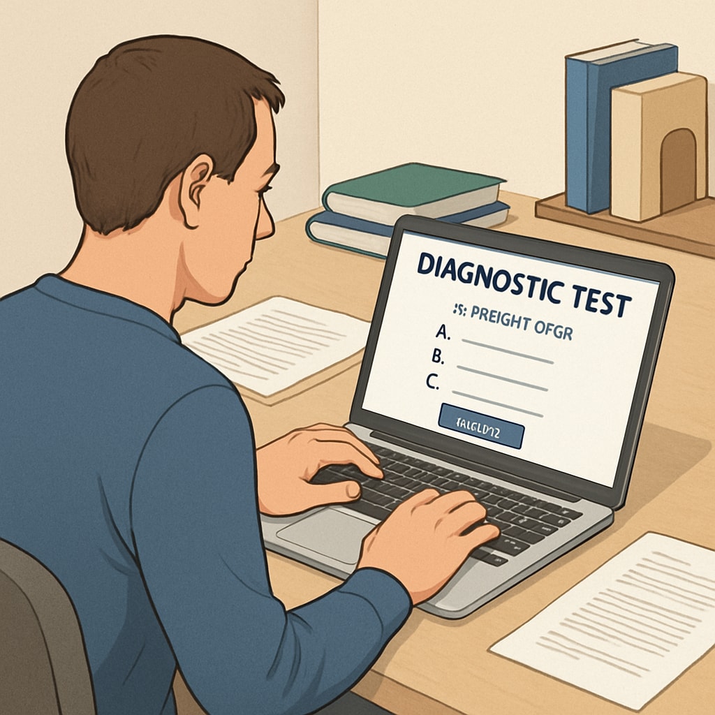 Adult using a laptop for diagnostic tests to address education gaps.