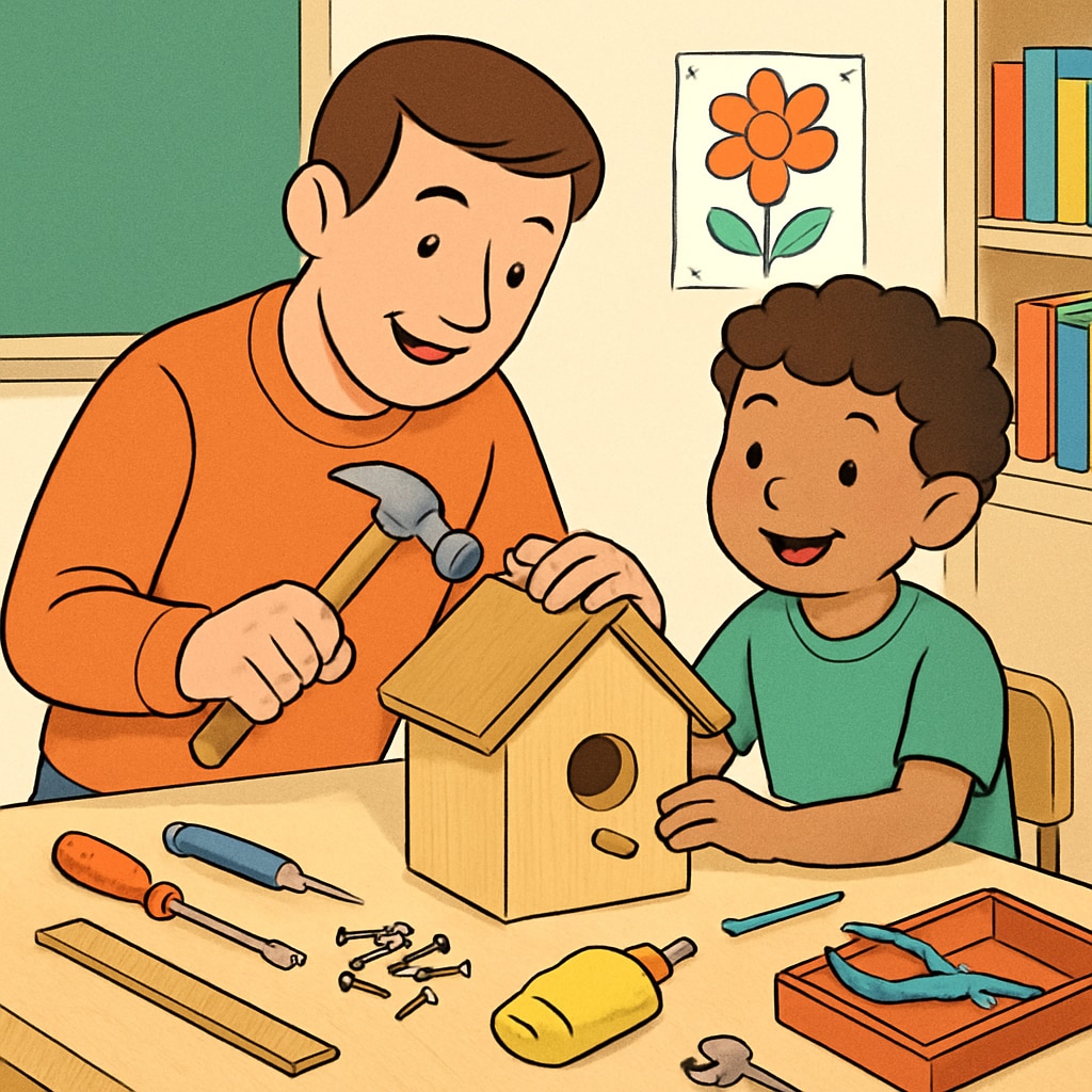 Parent and creative child collaborating on a DIY project, fostering creativity at home.