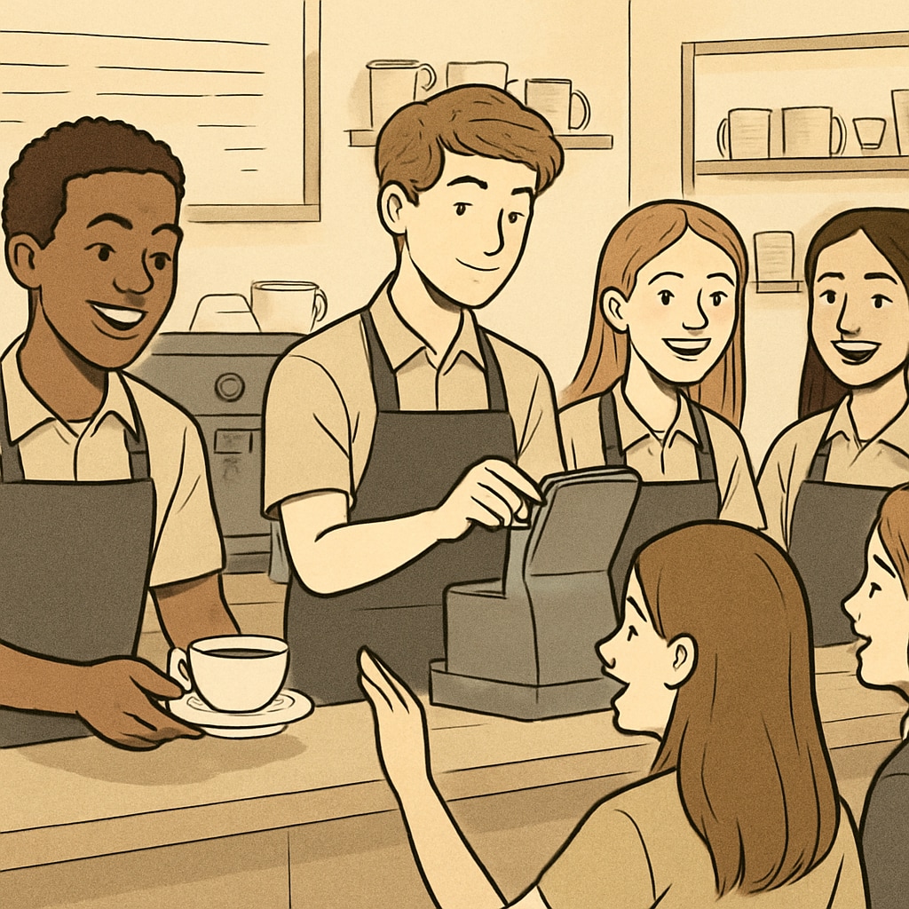 High school students working in a cafe, demonstrating teamwork and social skills.