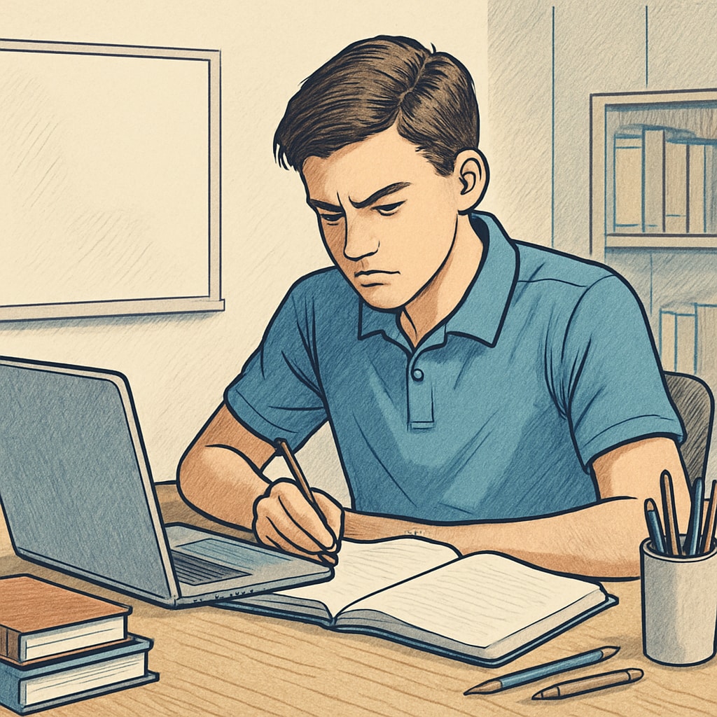 High school student studying with a laptop, illustrating academic focus.