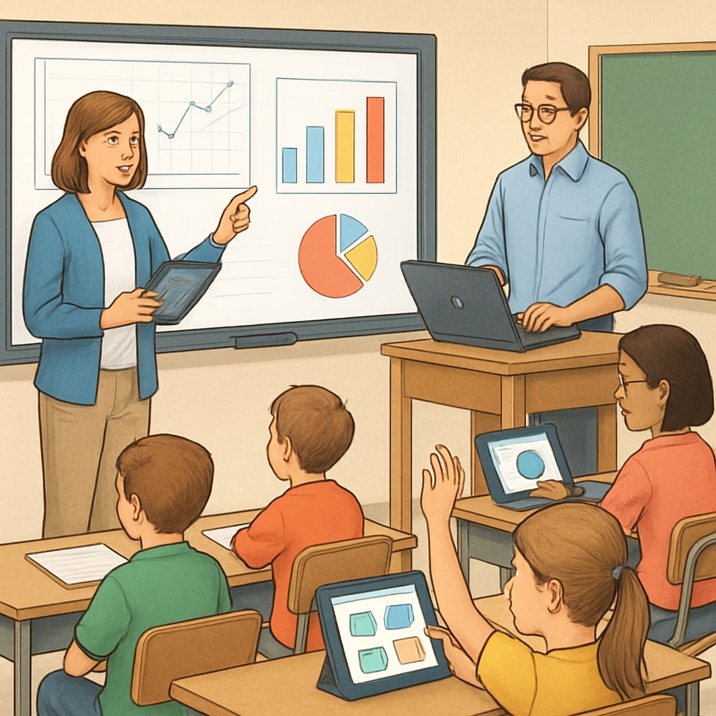 Teachers using digital tools in a classroom setting to address educational pain points and tools demand.