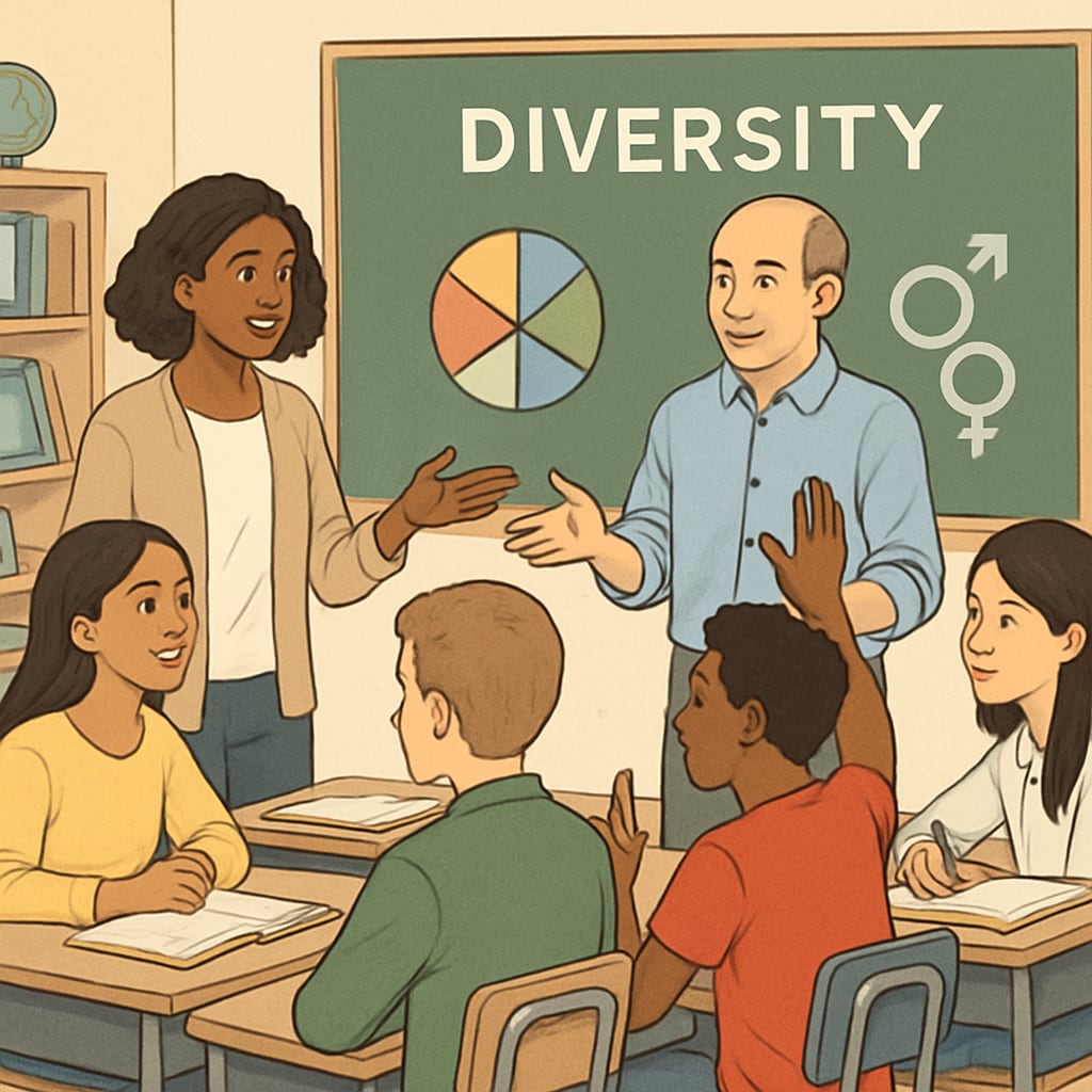 Students and teachers discussing diversity-related topics in a classroom setting.