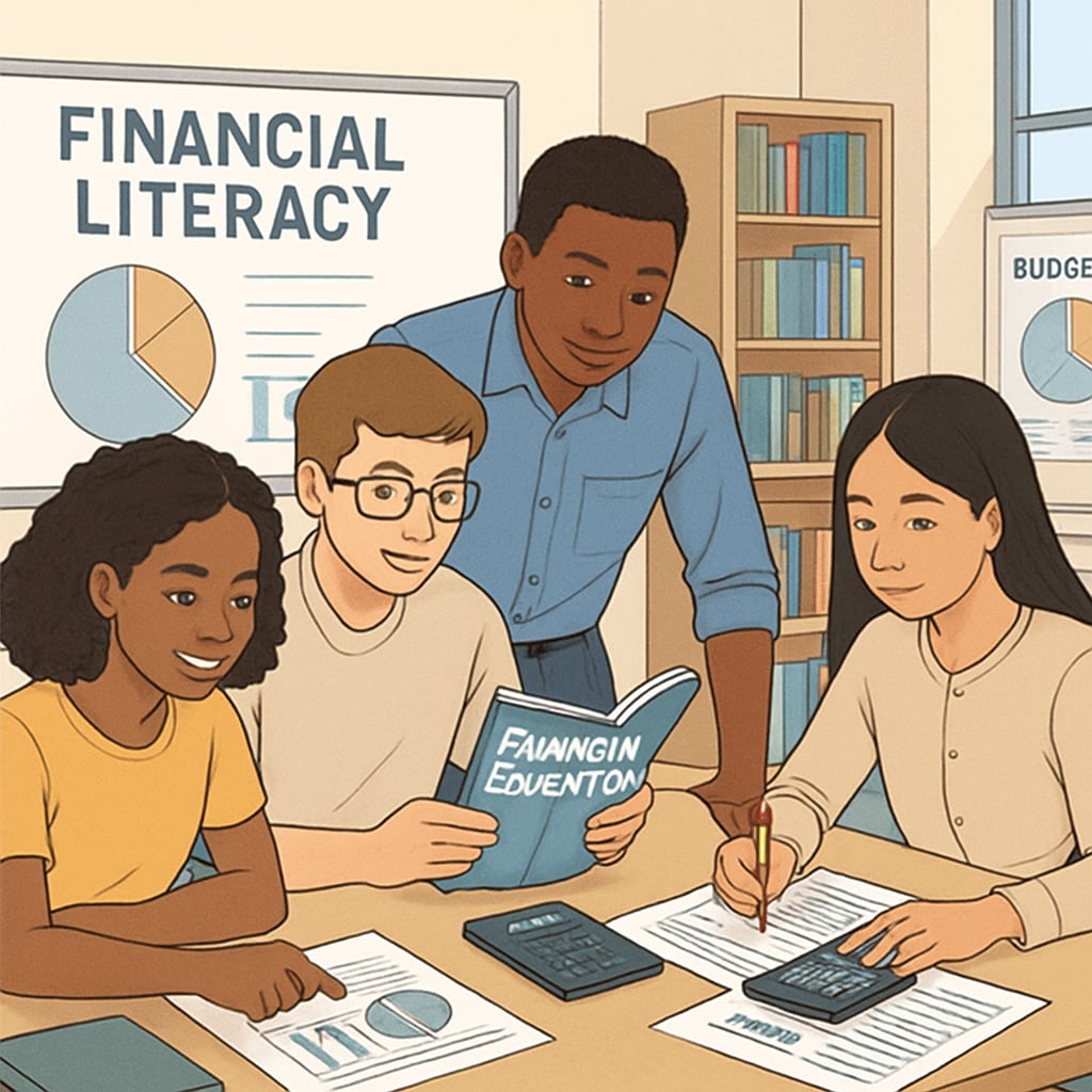 Students working on a financial literacy project in a classroom, representing financial education.