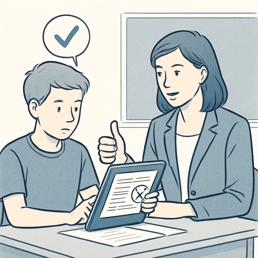 Educator providing feedback to a student via tablet, showcasing modern educational tools.