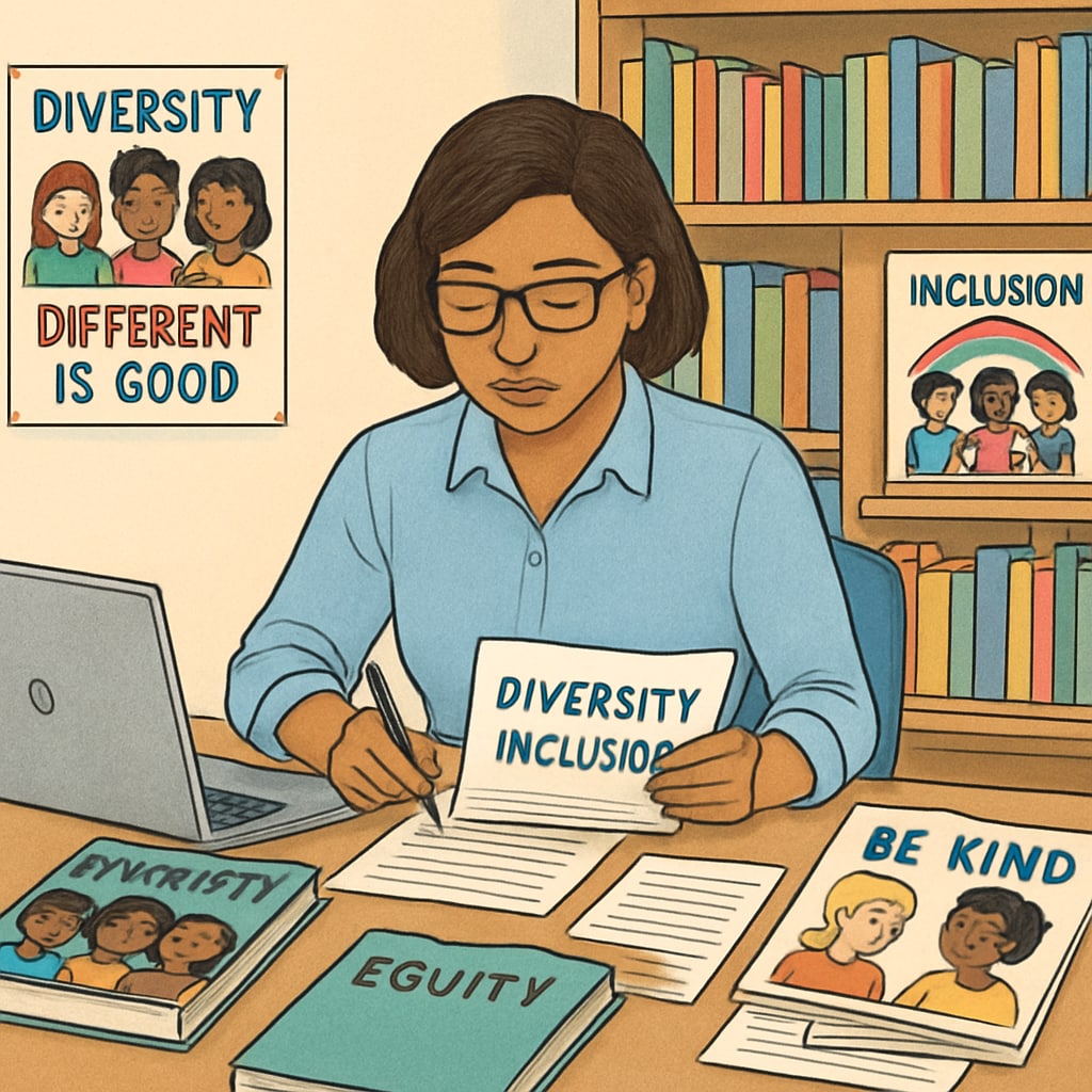 Teacher reviewing diversity and inclusion materials for K-12 students.
