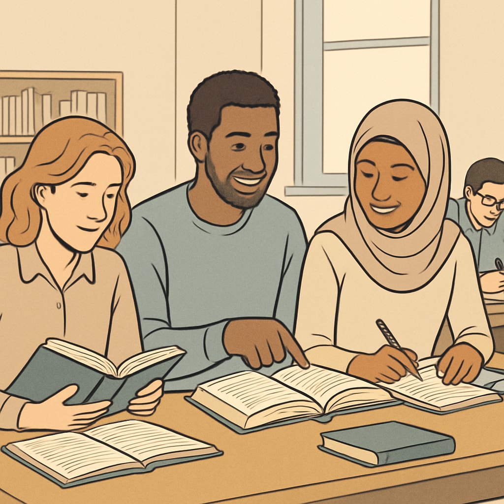Adult learners engaged in a classroom setting, promoting the idea of lifelong education.