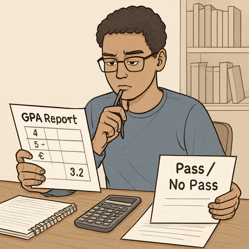 A student reviewing GPA and P/NP grading system impacts on their academic record.