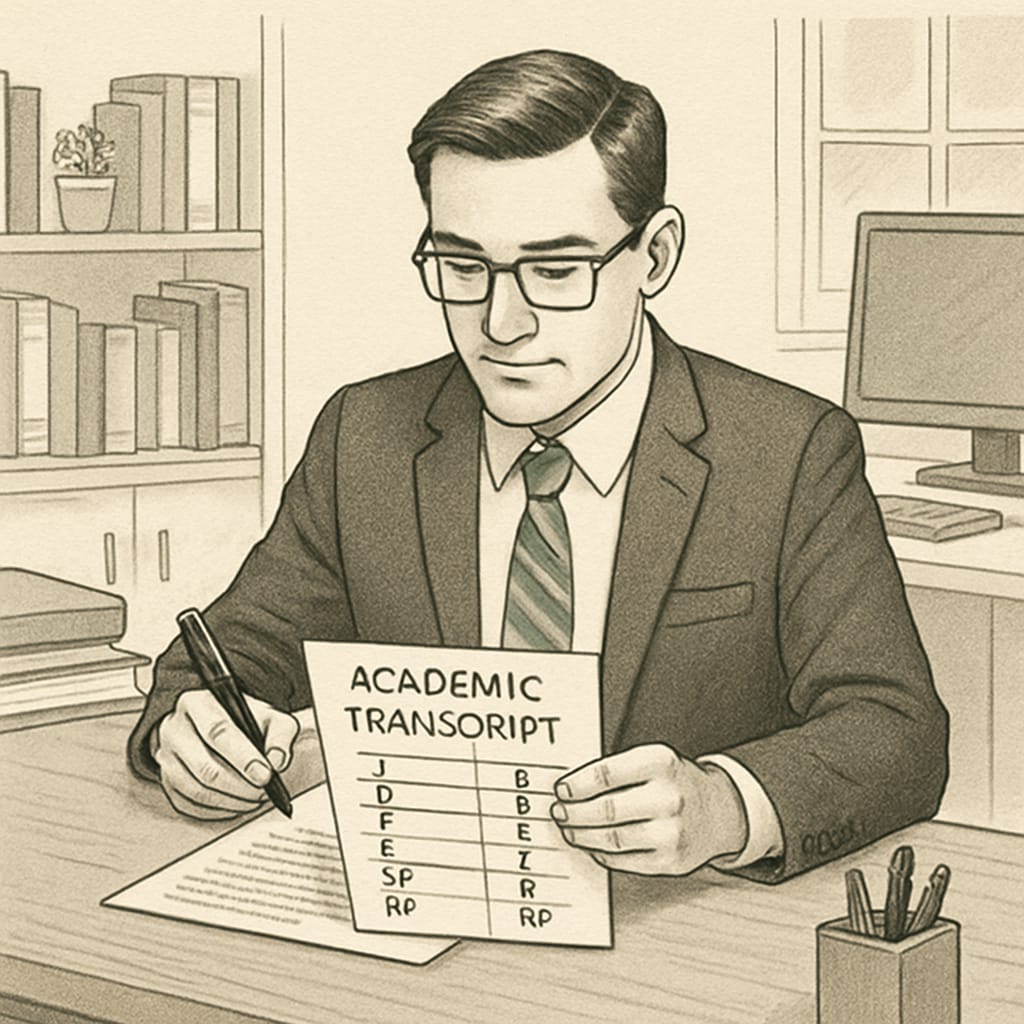 A recruiter evaluating a college graduate’s transcript with GPA and P/NP grading details.