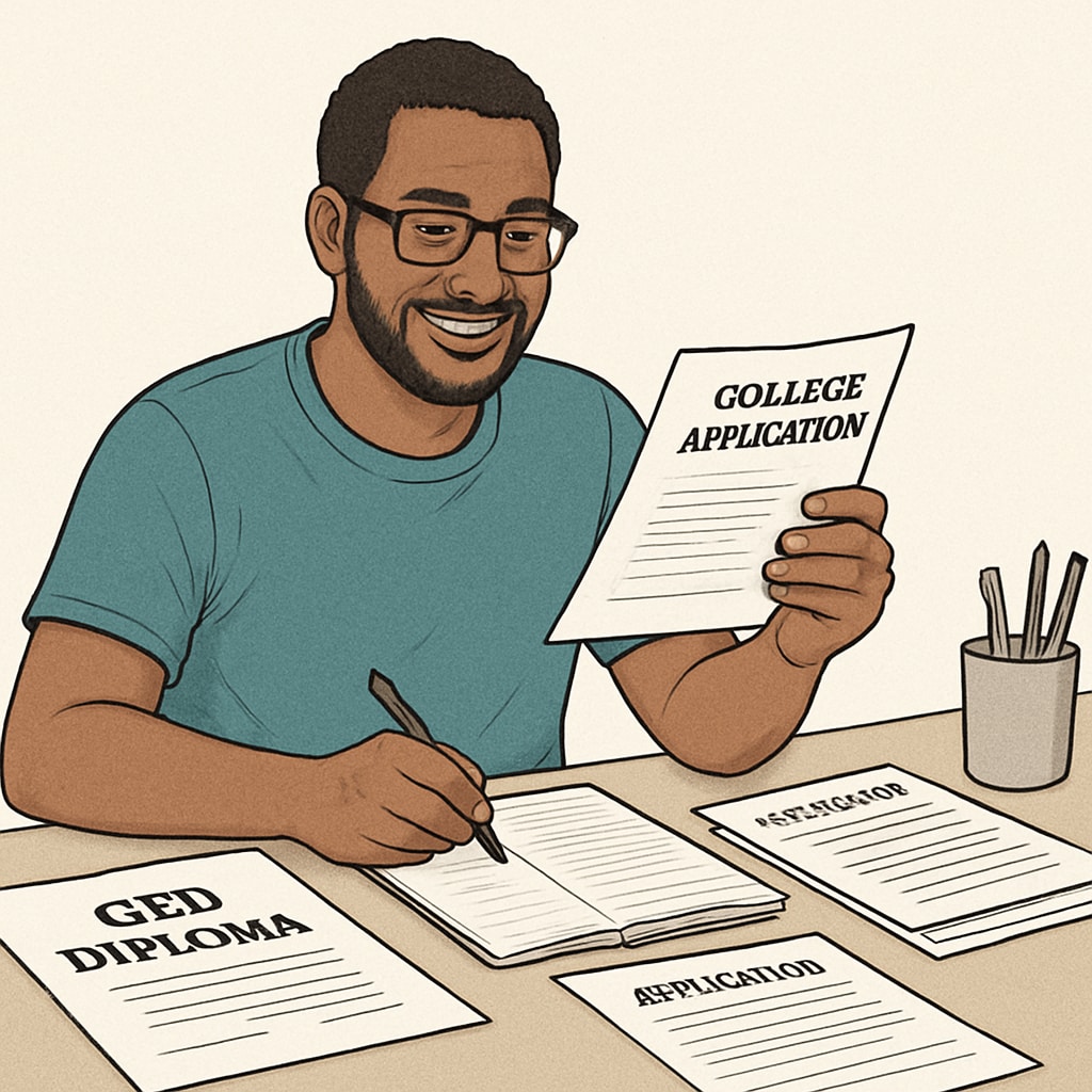 Adult education, GED, college application materials with a smiling student at a desk.