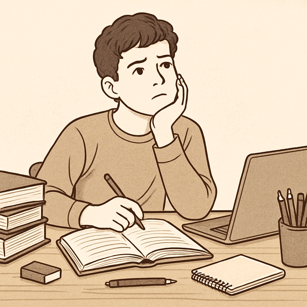 A teenager sitting at a desk with books and a laptop, symbolizing academic difficulties and personal growth.