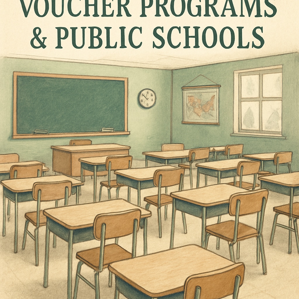 A classroom with empty desks, symbolizing funding challenges faced by public schools due to voucher programs. Empty classroom desks illustrating the financial impact of school voucher programs on public schools.