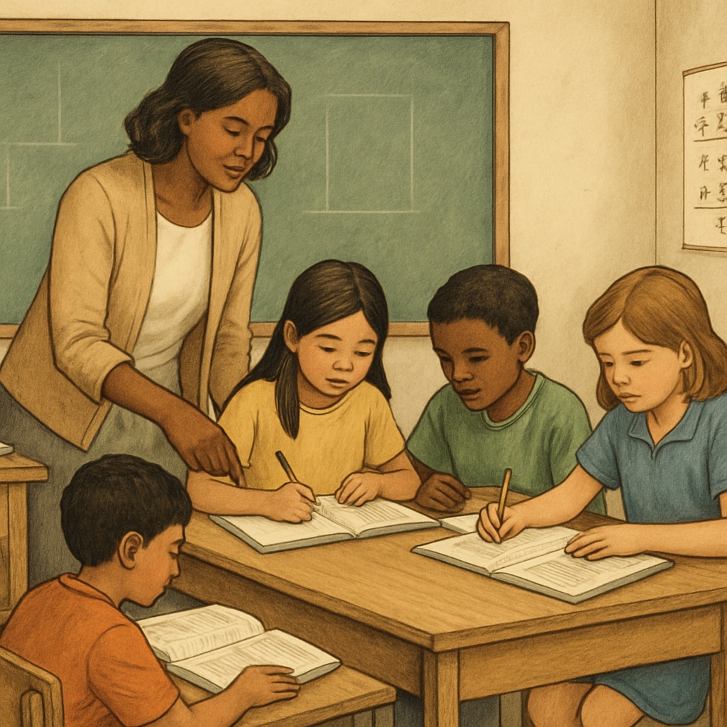 A teacher working with students in a resource-limited public school environment. Teacher assisting students in a public school classroom affected by reduced funding.