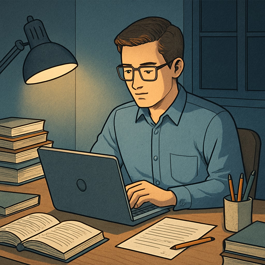 A professional working on a laptop at night, surrounded by study materials. A professional balancing career and education while working on a laptop.