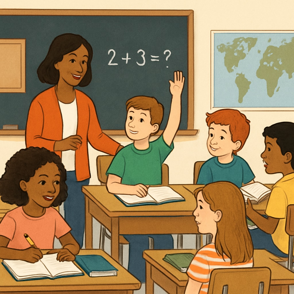 A classroom setting with diverse students engaged in learning in English. Students transitioning from native language to English-medium education.
