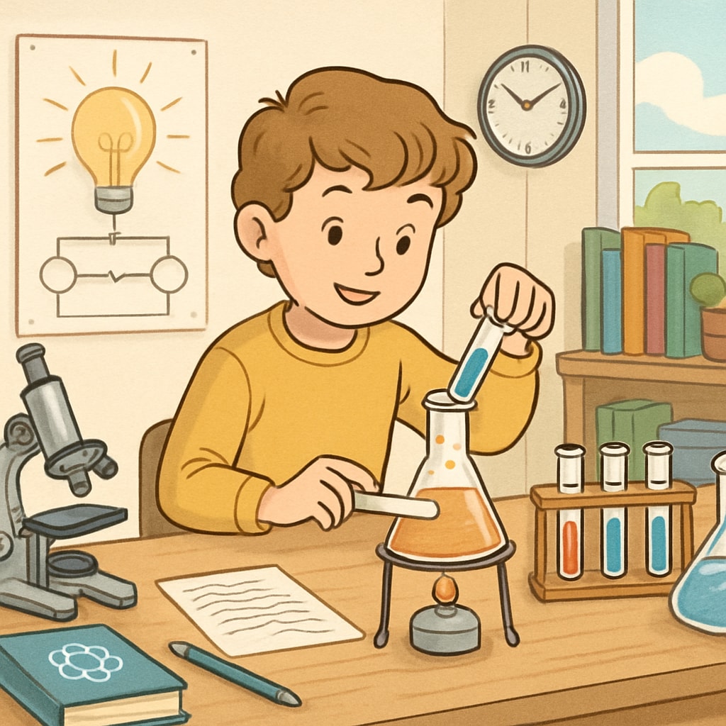 A child exploring a science experiment at home, symbolizing curiosity and independent exploration. A child engaged in self-directed learning through a science project.