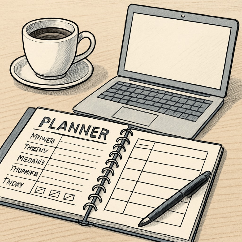 An organized desk with a planner, laptop, and coffee cup, symbolizing productivity. A productive workspace for balancing career, education, and time management.