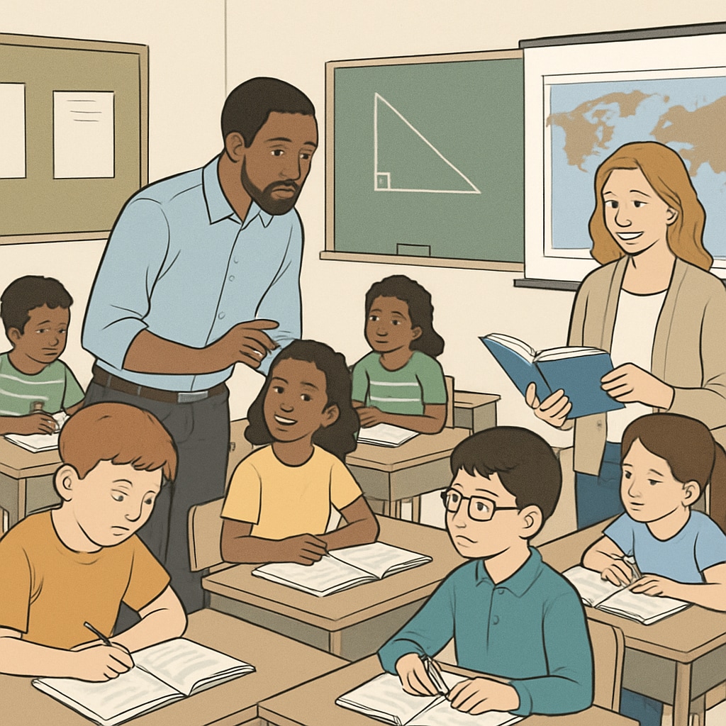 A classroom setting with teachers and students, emphasizing a neutral educational environment. A classroom scene illustrating the need for neutrality in education.