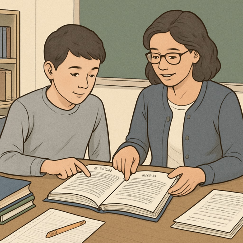 A student reviewing bilingual textbooks with the help of a tutor. Student using bilingual resources to adapt to English-based education.