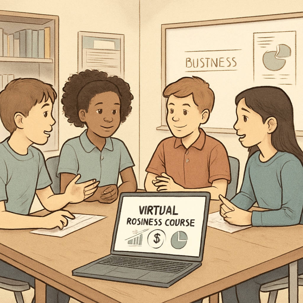 A group of children aged 8-14 engaged in a virtual business course, with a visible laptop screen showing a business-related presentation. Children learning business skills in a virtual classroom setting