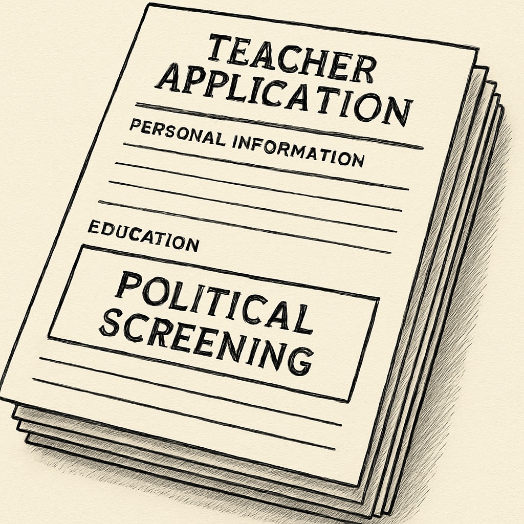 A stack of teacher application forms with a “Political Screening” section highlighted. Teacher application forms highlighting the political screening policy in Oklahoma.