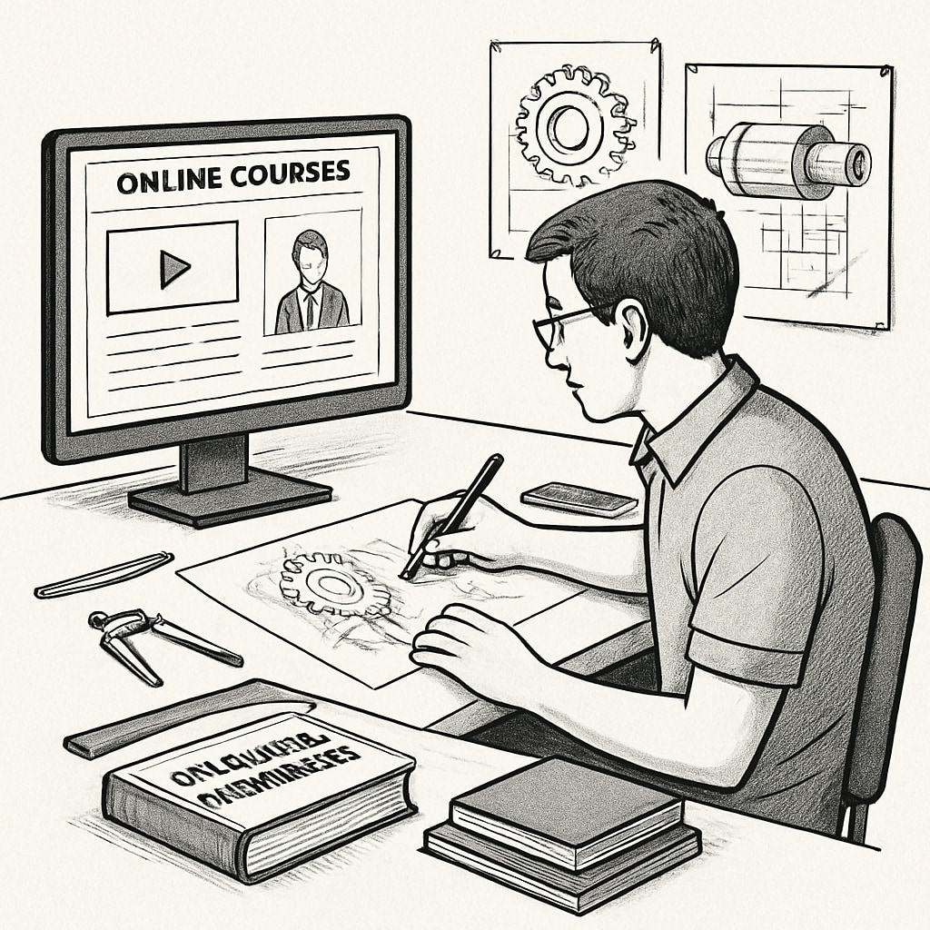 Mechanical engineering student multitasking with online courses for career development.