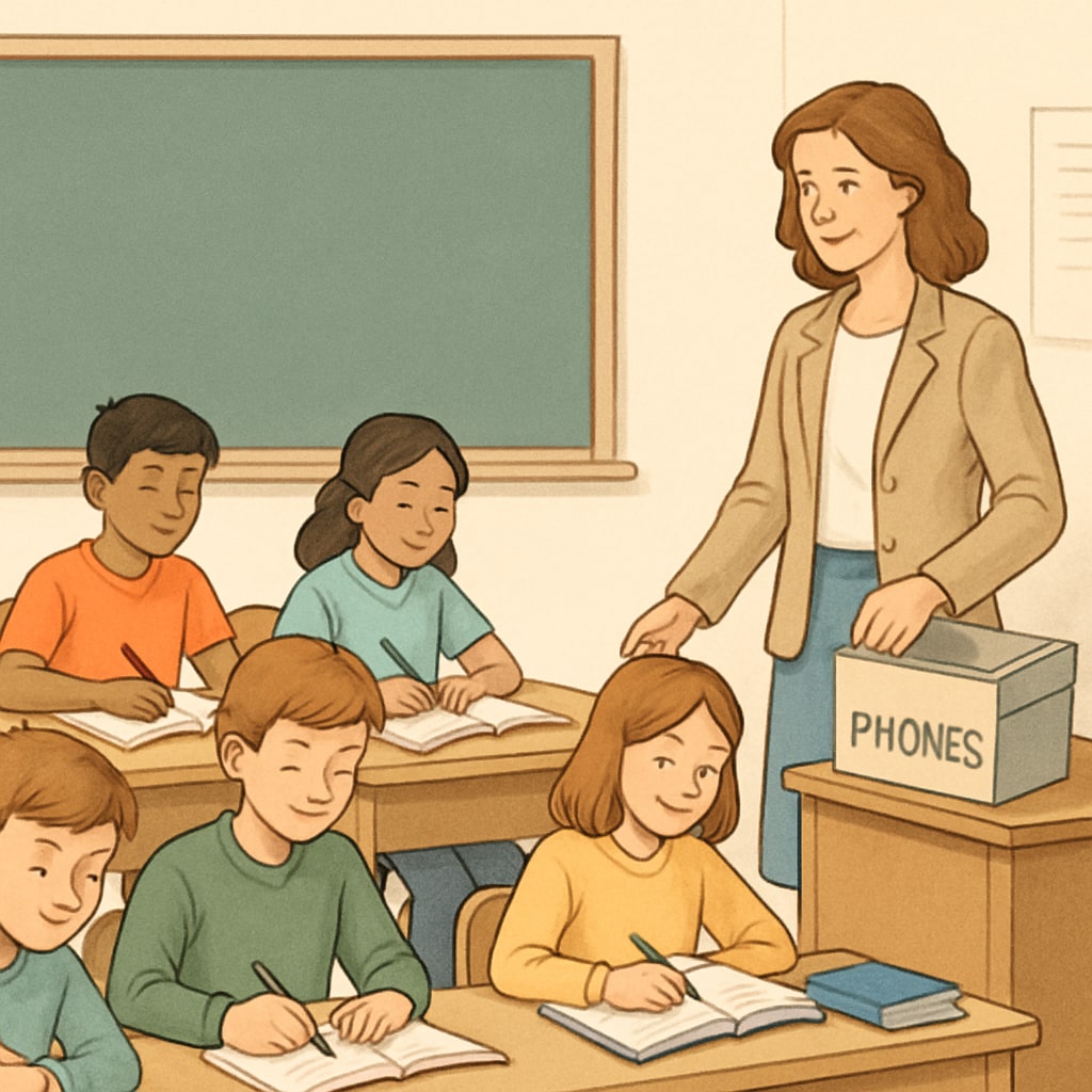 A classroom with students focused on learning, while a teacher monitors a box where mobile phones are stored during school hours. Public school classroom with mobile phone storage during lessons.