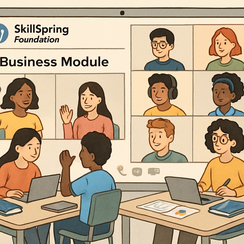 A virtual classroom interface showing diverse students engaged in a SkillSpring Foundation business module. Virtual classroom for youth entrepreneurship courses