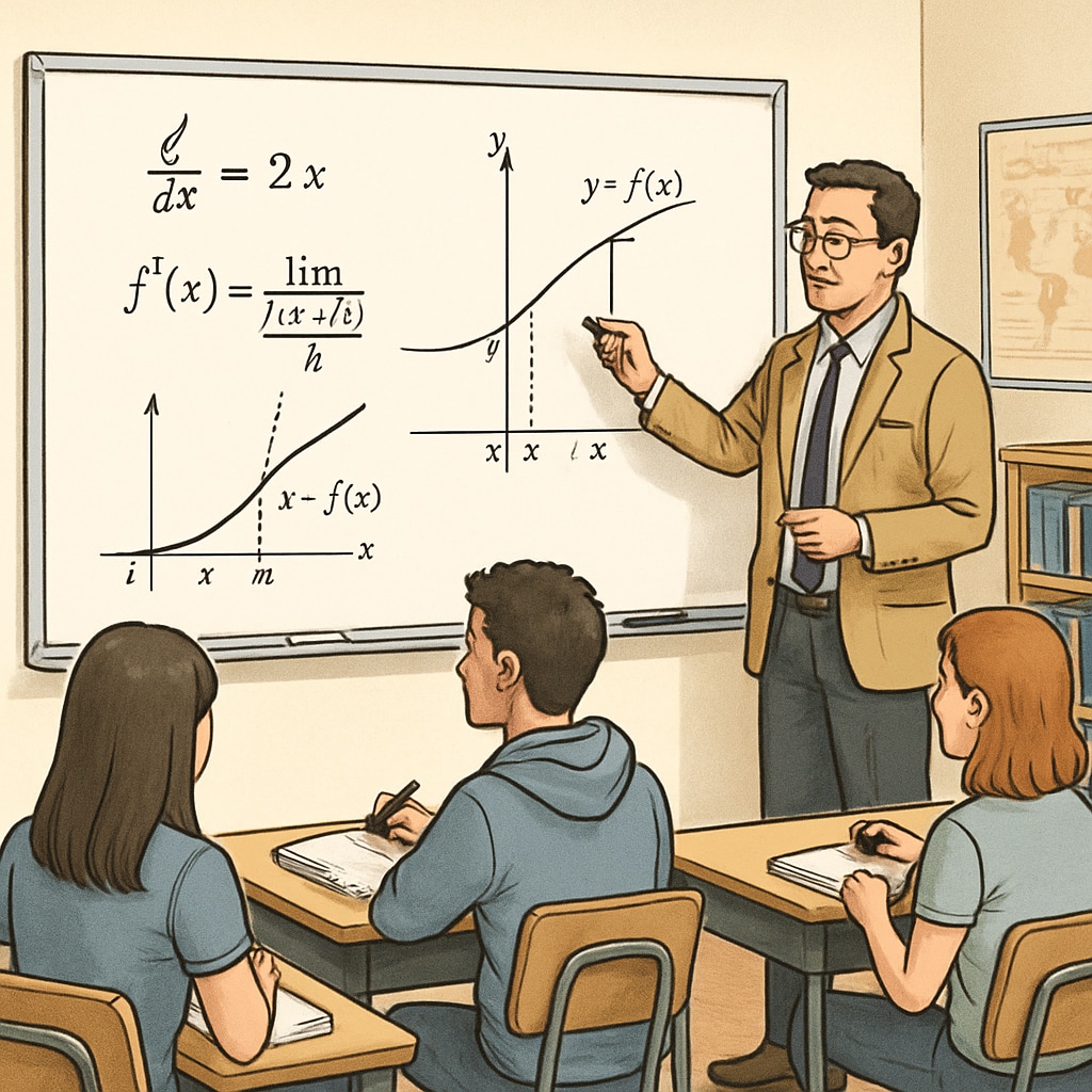 A teacher explaining calculus concepts using a whiteboard in a high school classroom. Students appear engaged and attentive. High school teacher explaining calculus to students to address learning difficulties.