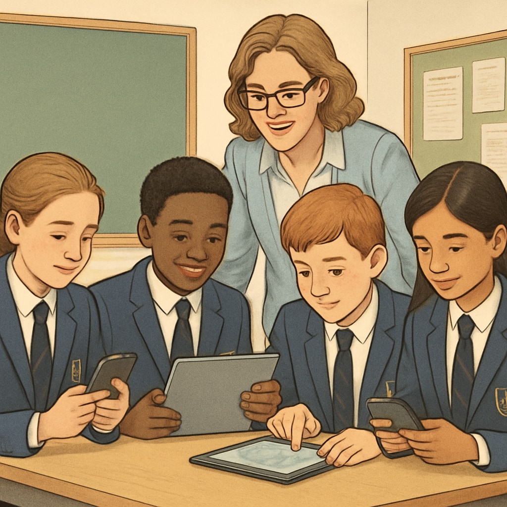 Students in a private school using tablets and smartphones during a collaborative project, guided by their teacher. Private school students integrating technology into collaborative learning.
