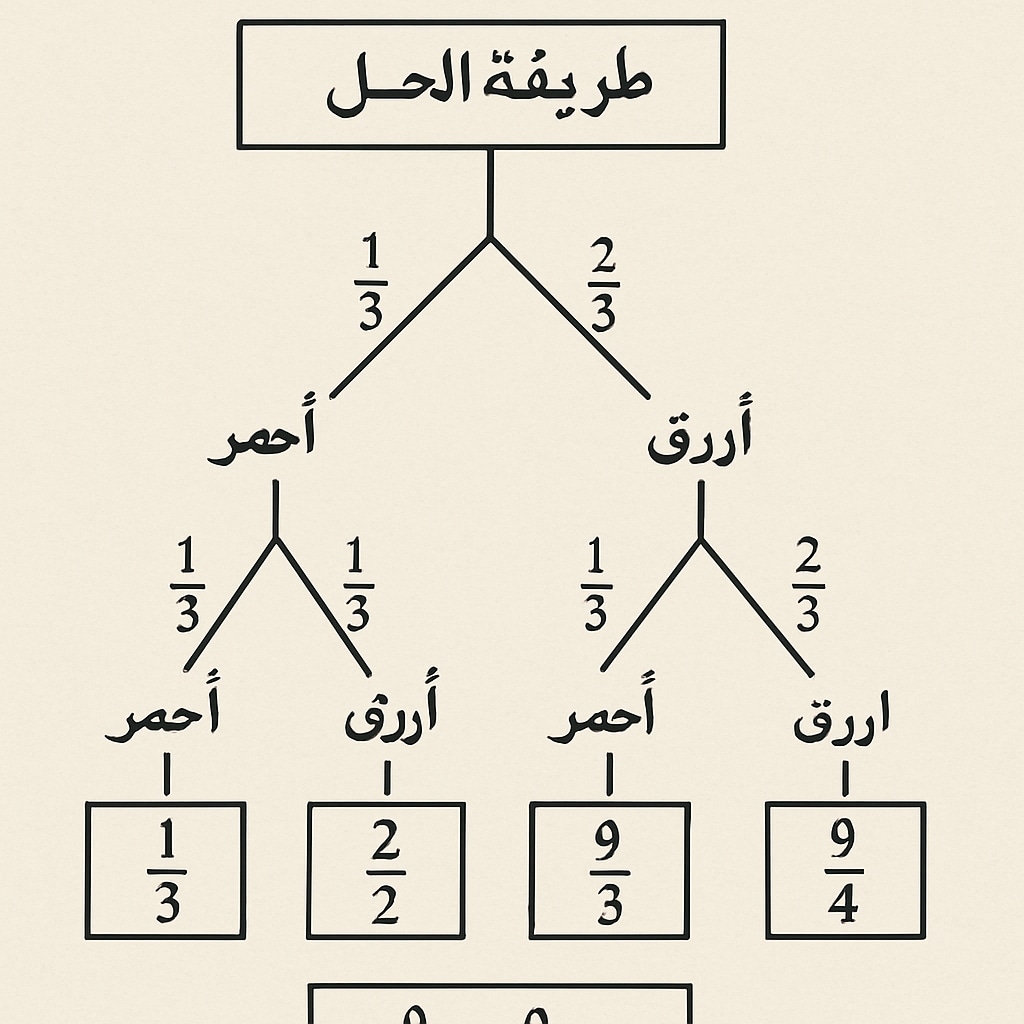 A probability problem illustrated step-by-step with Arabic labels, showing a clear pathway to the solution. Visual representation of probability problem-solving in Arabic to optimize math teaching.