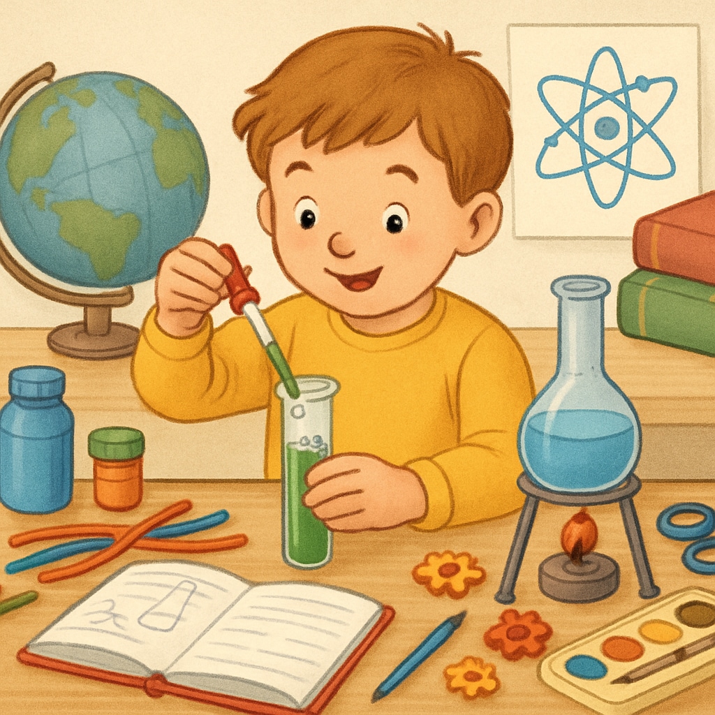 A child enthusiastically working on a science project, surrounded by colorful tools and materials. Creative early education activity featuring a child working on a hands-on project.