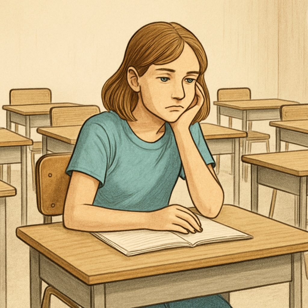 A teenage girl sitting alone in a classroom, symbolizing the isolation faced by SEN students. A teenage girl sitting alone, representing the challenges of special education needs.