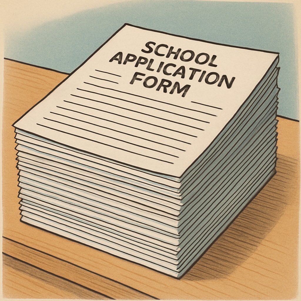 A close-up of a stack of school application forms, representing administrative delays. Stack of school application forms, highlighting delays in special education processes.