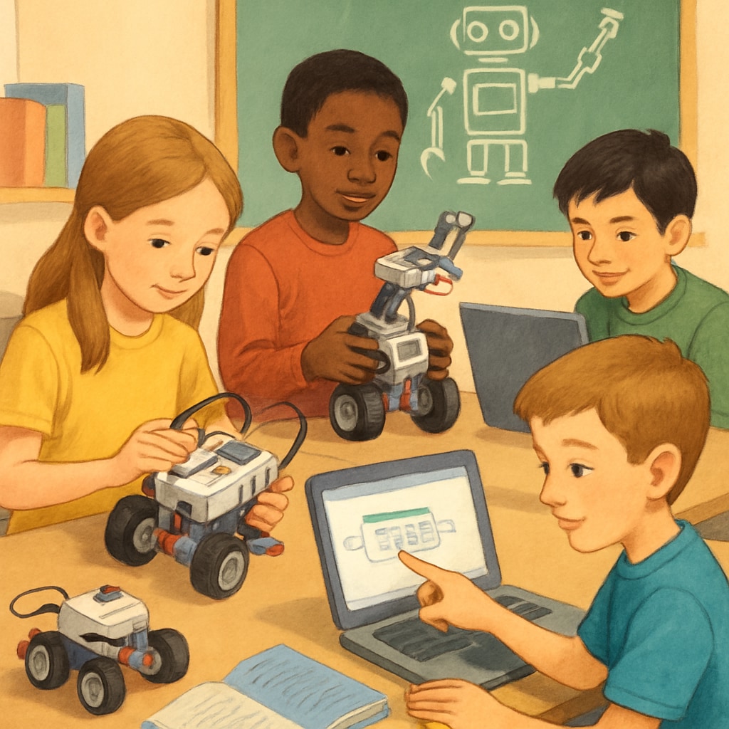 A group of young children engaged in a robotics workshop, assembling and programming their creations. Children participating in a robotics workshop as part of creative education.