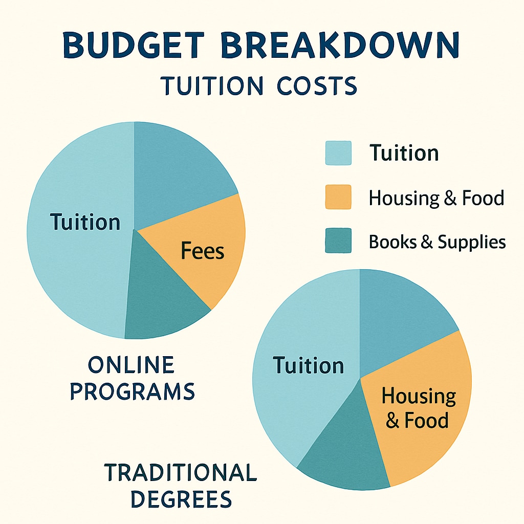 A budget breakdown chart showing tuition costs for online programs compared to traditional degrees. A chart comparing tuition costs for online and traditional degree programs.