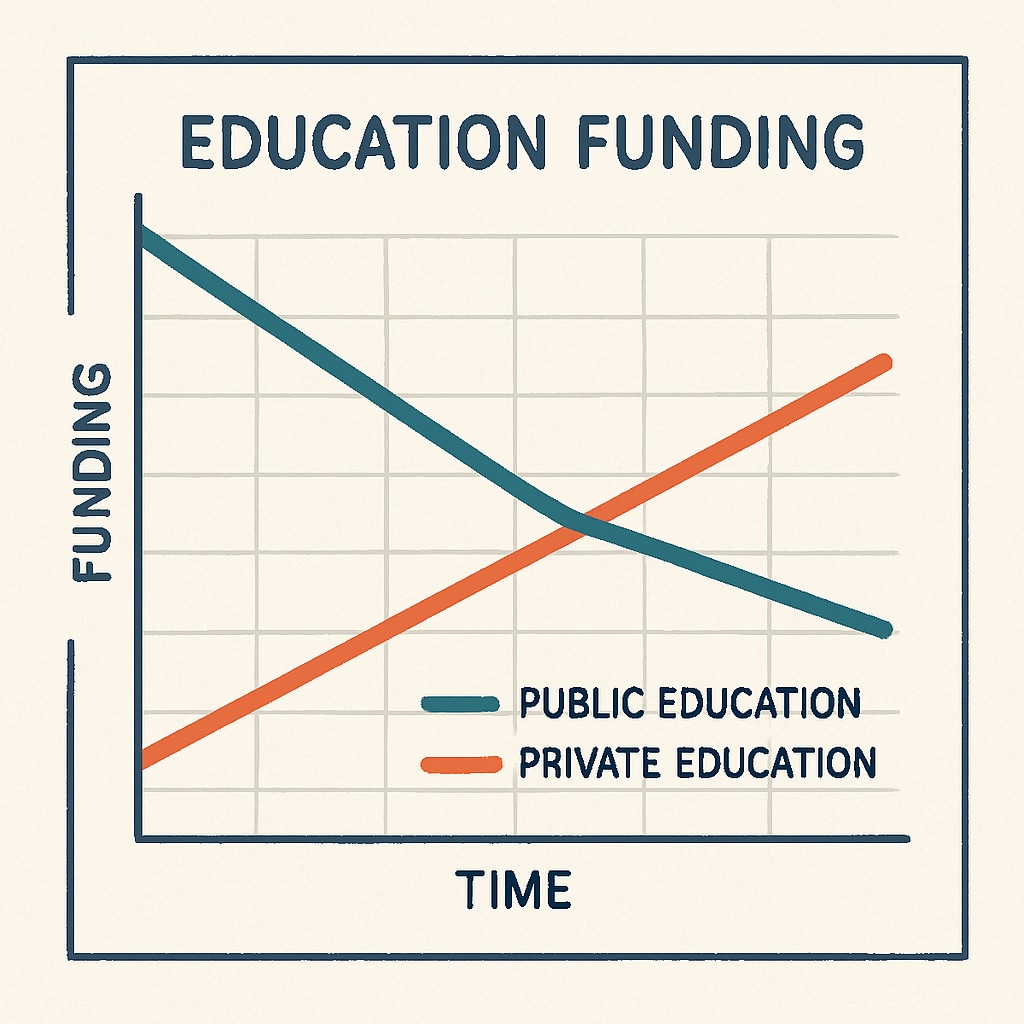 A graph showing the decline in public education funding compared to increases in private education allocations. A graph depicting the reduction in public education funding and the rise in private education allocations.