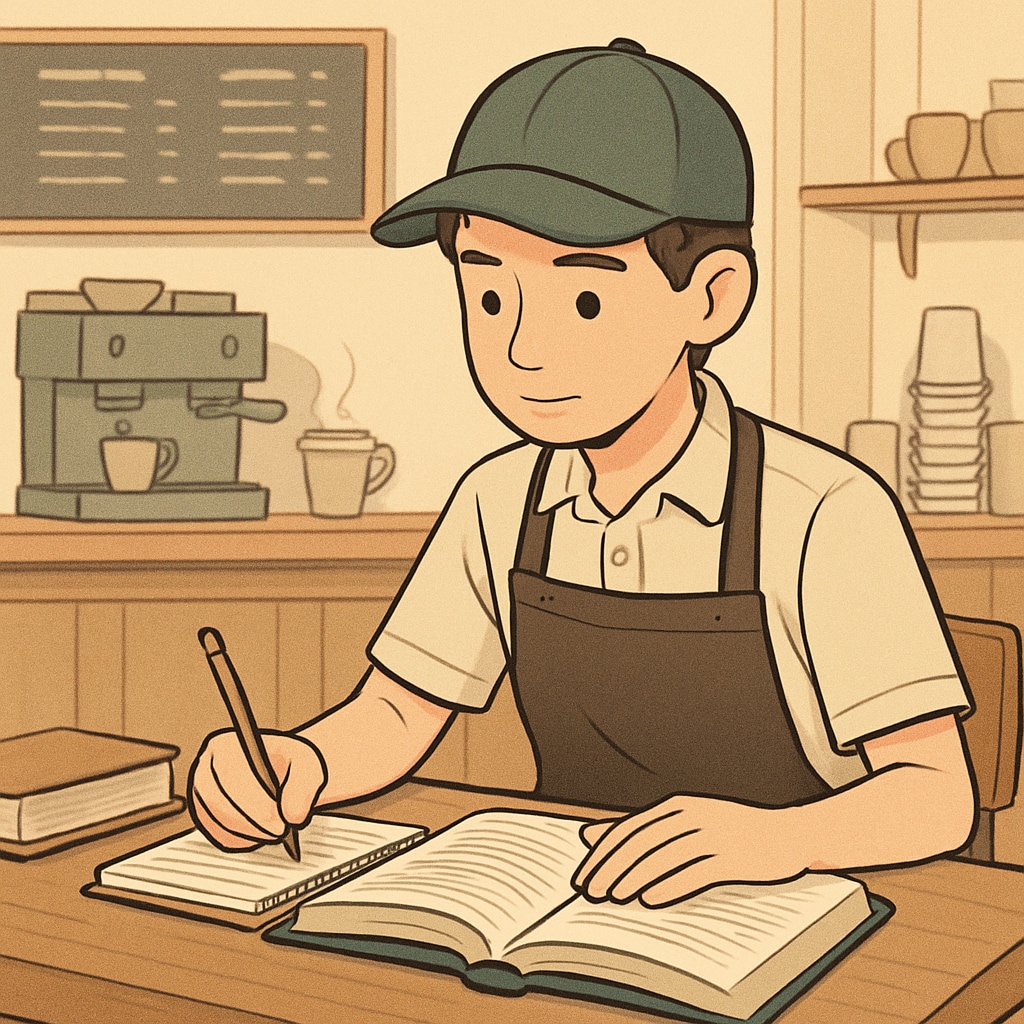 A teenager working part-time in a café, showing a balance between work and academics. Teenager working part-time in a café, balancing work and school life