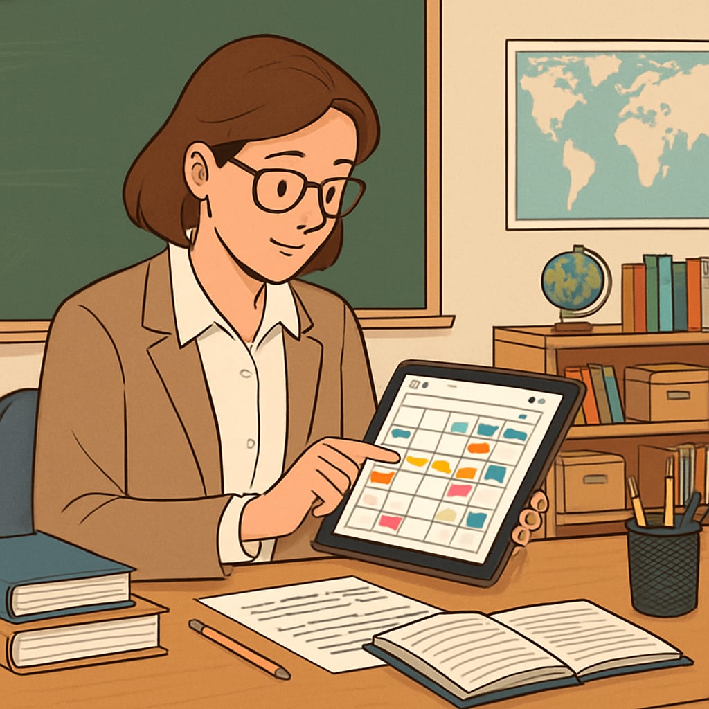 A teacher using a digital calendar app to plan lessons and manage tasks in a classroom setting. Teacher managing tasks with a digital calendar app in a classroom.