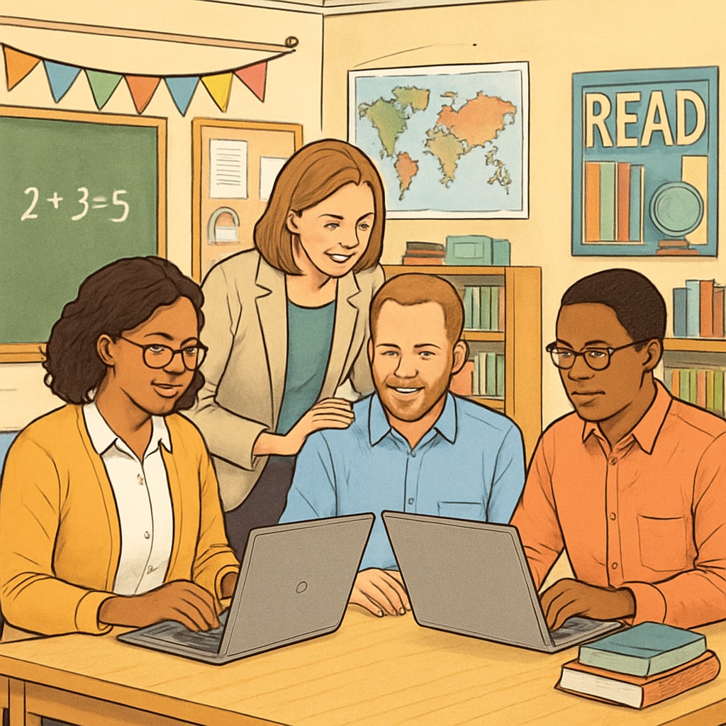 A group of educators collaborating on laptops in a vibrant classroom setting, symbolizing the OpenSciEd community. Educators collaborating on laptops in a classroom, representing the OpenSciEd community.