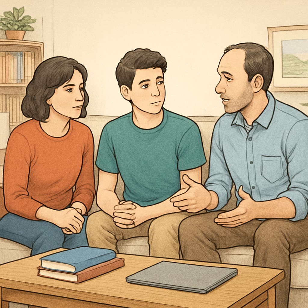 A family discussing work and school balance with their high school-aged child at home. Family discussing work and school balance with a high school student