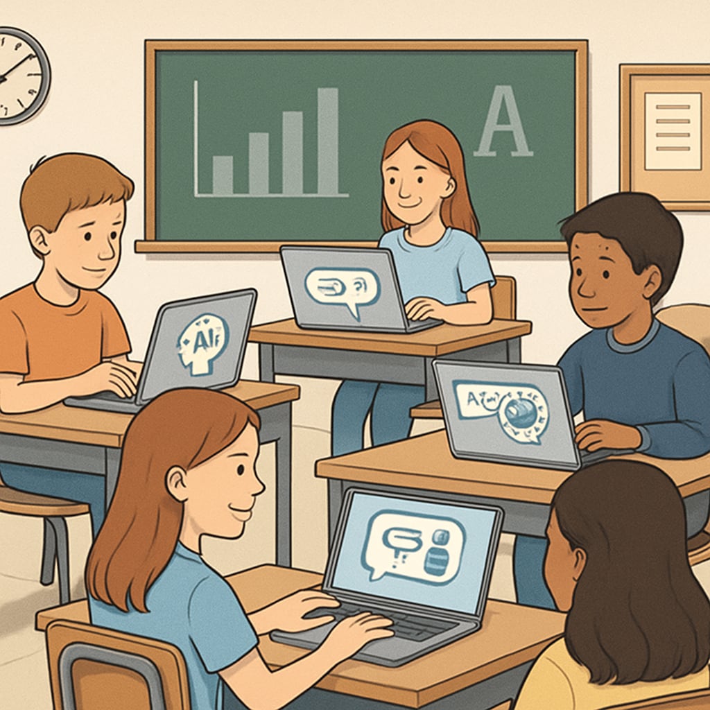 Students using AI tools in a K12 classroom setting to enhance learning.
